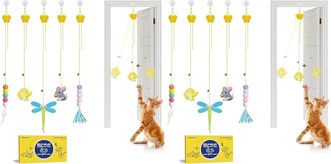Potaroma Interactive Cat Feather Toys 5 Pcs, Cat Teaser Retractable Hanging Indoor Kitten Play Chase Exercise, Mental Physical Stimulation for All Breeds and Species (Pack of 2)