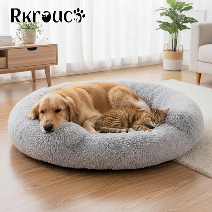 Fluffy Dog Bed Calming Donut Beds for Large Dogs Warming Round Small Medium Pet Nest Cozy Cat Mattress Indoor Washable Puppy Kennel Kittens Sleep Mat (XL, 43.3×43.3 inch, Light Gray)