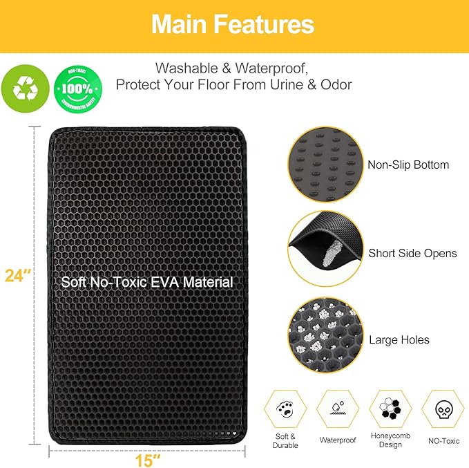 LeToo Cat Litter Mat Black Trapping for Litter Box, No Slip Large, Urine Waterproof, Honeycomb Double Layer Anti Tracking Kitty Mats, No Phthalate, Washable Easy Clean (24" x 15", Black)