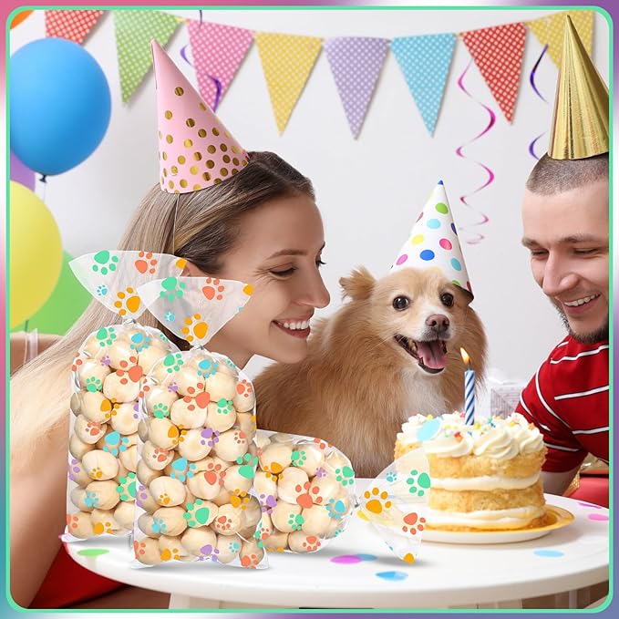 Blulu 200 Pcs Spring Dog Treat Bags Pet Paw Cellophane Bags Dog Party Favor Heat Sealable Treat Paw Gift Cat Candy Bag with 200 Silver Twist Ties for Pet Party Favors