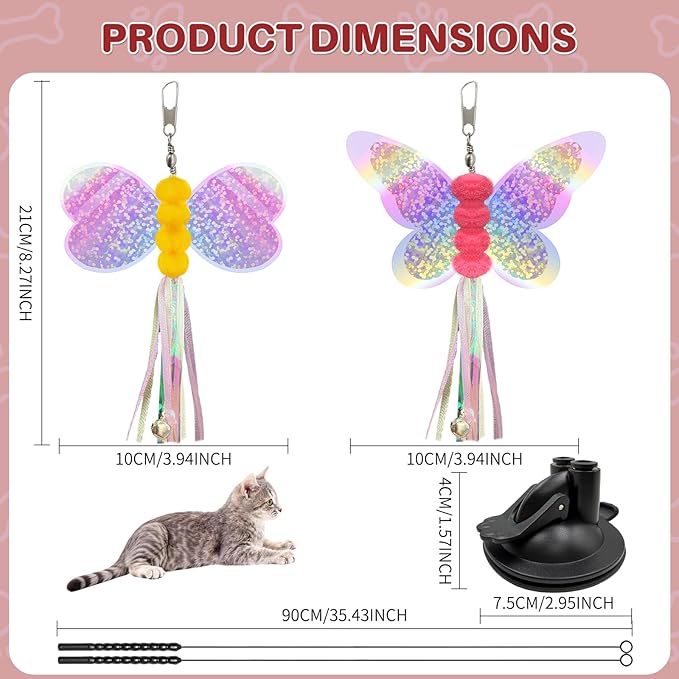 Walfront Interactive Cat Wand Toy Set with Replaceable Butterfly & Bee Bell Heads, Dual Suction Cup Base, for Self-Play or Handheld Fun with Indoor Cats & Kittens, Keeps Pets Active and Stimulated