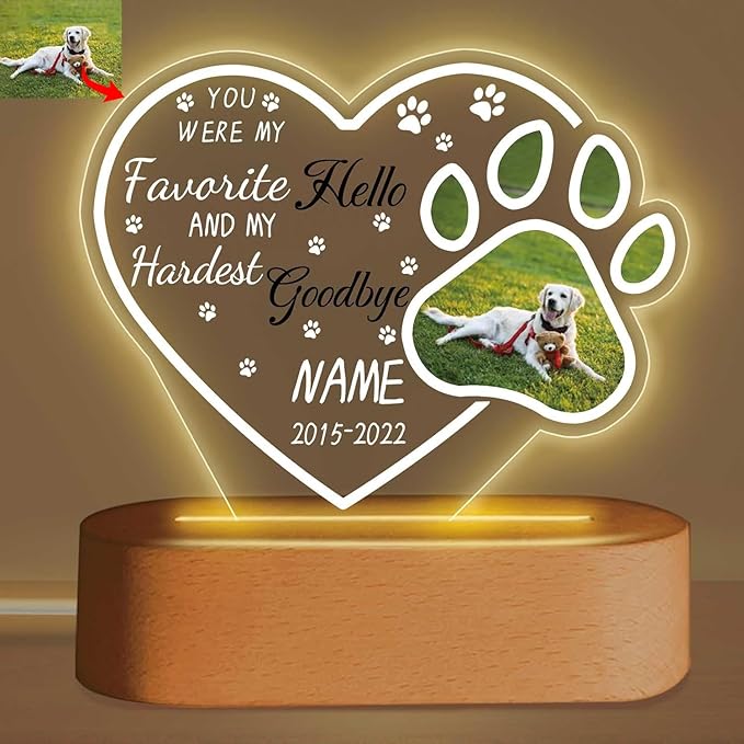 Custom Pet Memorial Night Light Gift Personalized Dog Cat Acrylic Plaque Photo Frame Sympathy Gift Condolence Gifts with Picture Name Date(Dog Paw Heart)