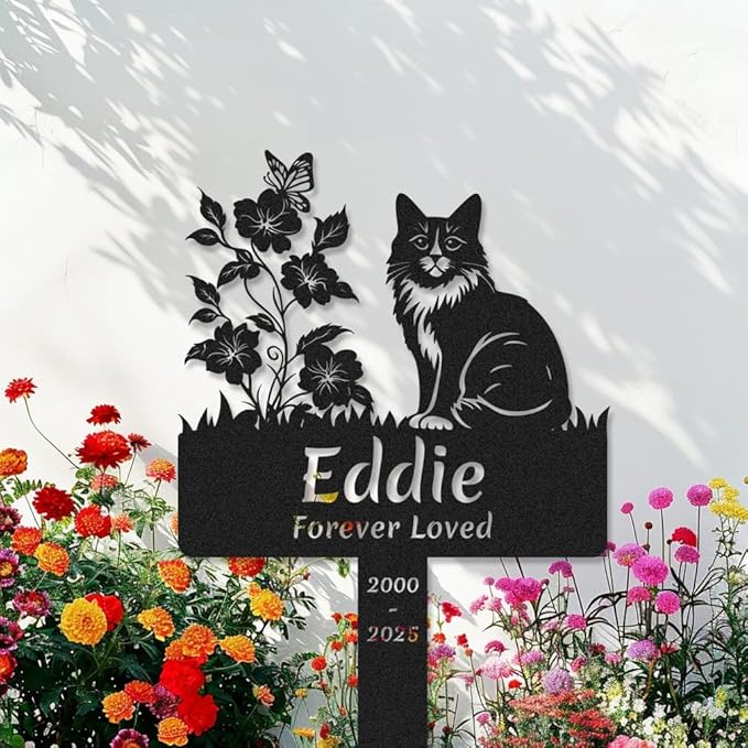 Custom Flowers Cat Memorial Grave Marker, Personalized Cat Memorial Stake Metal Pet Grave Marker for Cat, Customized Cat Memorial Memorial Plaque Cemetery Grave Plaque Yard Sign with Stake