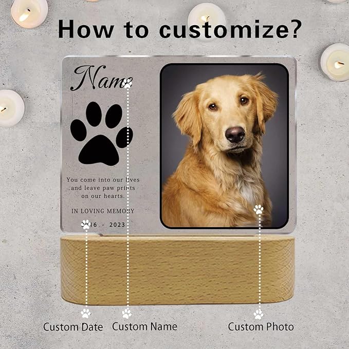 Personalized Pet Night Light Customized Dog Memorial Gift Picture Frame Acrylic Plaque Led Lamp Cat Sympathy Gift for Loss of Pet(Dog Paw)