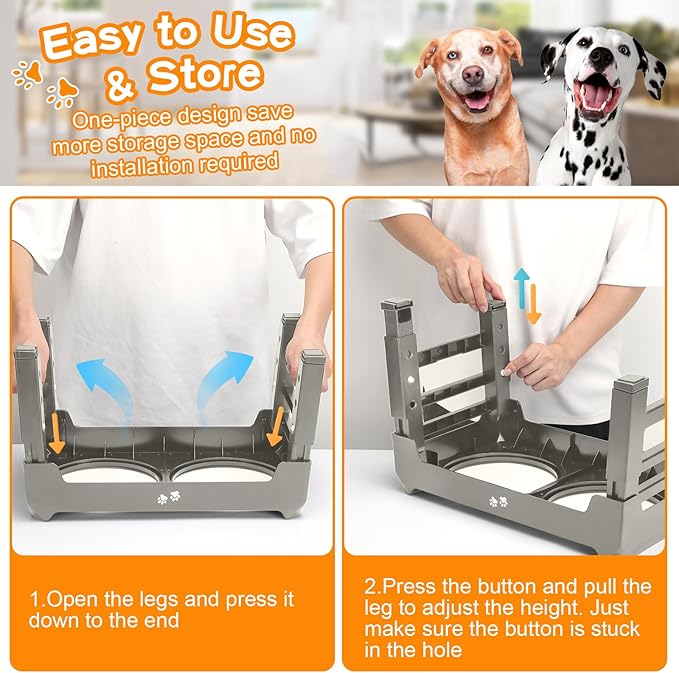 Elevated Bowls, 4 Height Adjustable Raised Stand With 2 Thick 50oz Stainless Steel Food Bowls, Non-Slip Feeder for Dogs, Adjusts to 3.7", 9.2", 10.75", 12.36" Light Brownish Gray