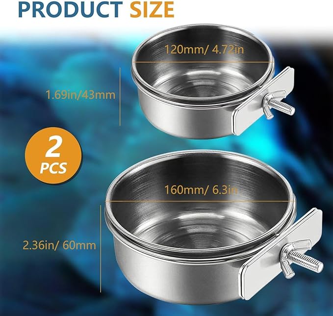2Pcs Stainless Steel Bird Feeding Bowls, Small Bird Feeding Cup, Stainless Steel Parrot Food Bowl Cage with Holder, Parrot Cage Water Feeder, Pet Cage Cup Holder (Dia 6.3", 4.72",)
