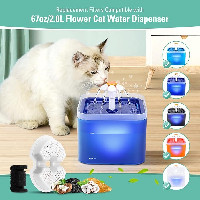 4 Pack Replacement Filters & Pump Sponges for 67oz/2L Colorful Cat Water Dispenser with LED Light, BFLICROY Cat Water Fountain Filter, Quadruple Filtration Pet Fountain Filters Replacement