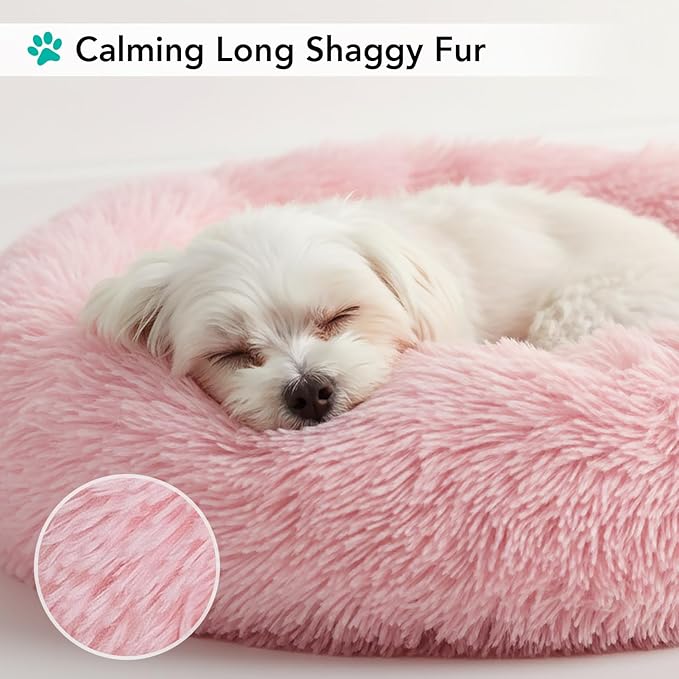PetAmi Calming Dog Bed for Small & Medium Dogs and Cats, 30 Round Donut Dog Bed, Washable Fluffy Faux Fur Puppy & Cat Bed, Anti-Anxiety Plush Cuddler Pet Bed with Anti-Slip Bottom - Pink