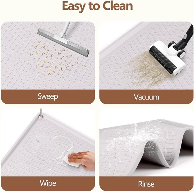 Large Cat Litter Mat with Toy Ball, 34'' x 22'' Silicone Cat Litter Trapping Mat for Scatter Control, Soft on Kitty Paws, Easy to Clean (White)