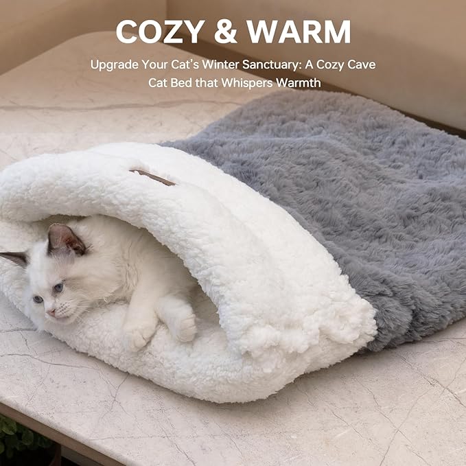 Cat Cave 4 in 1 Cat Sleeping Bag Cute Self Warming Cat Bed Cave with Plush Portable Snuggle Sack/Hideway for Indoor Cats & Small Pets Grey 21×17 Inch