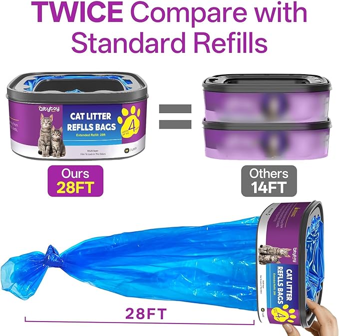 Cat Litter Refill Bags|Jumbo 28FT 2Pack Cartridges Compatible with Litter Genie Refill Standard,Plus,Style Pail | Up to 8 Months| Superior Odor Control| Fresh Plant Scent(NOT Compatible with XL)