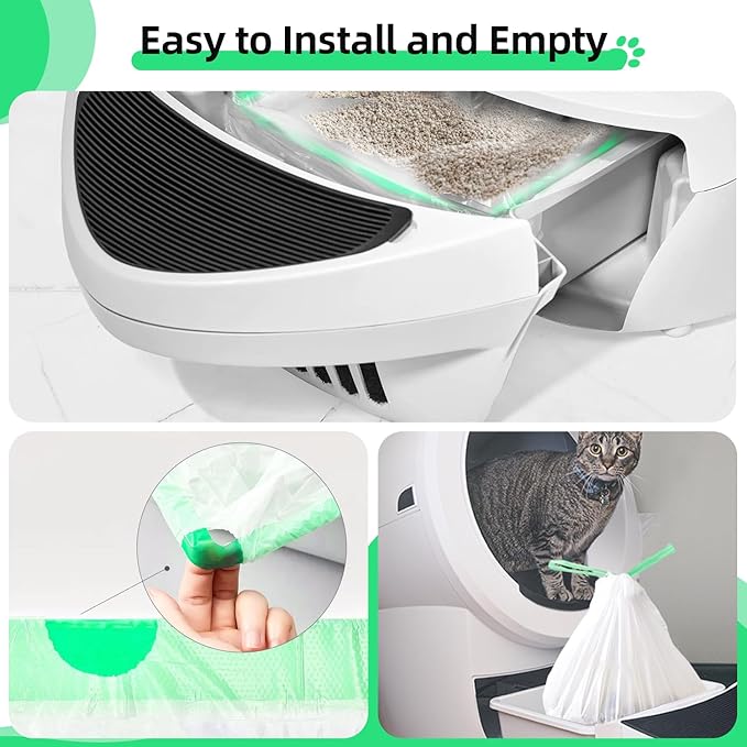 45 Count Cat Litter Box Liners Automatic for Litter Box Robot 4/5/3, Self-cleaning Waste Drawer Liners refill with Drawstring hick Heavy Duty 10-12 Gallons of Capacity, Transparent