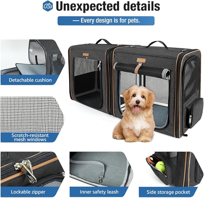 Lekereise Extra Large Cat Carrier for 2 Cats, 2-in-1 Cat Travel Carrier with Litter Box, (20.85" x2) x19.7"x19.7" Pet Carrier with Zipper Locks for Moving Across The Country (No Hammock) - Black