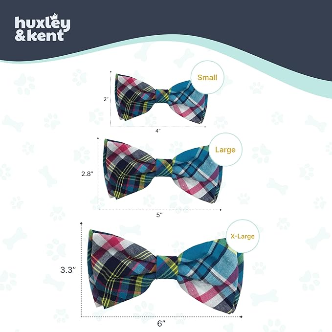 Huxley & Kent Pet Bow Tie for Dogs & Cats - Adjustable Hook & Loop Collar Accessory - Cute & Comfortable for Holidays & Celebrations - Blue Madras, Large