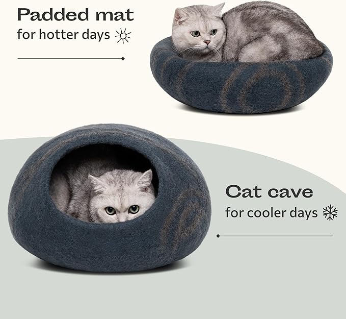 MEOWFIA Cat Cave – Premium Felt Cat Bed for Indoor Cats, Handmade Merino Wool (Slate Grey, Medium)