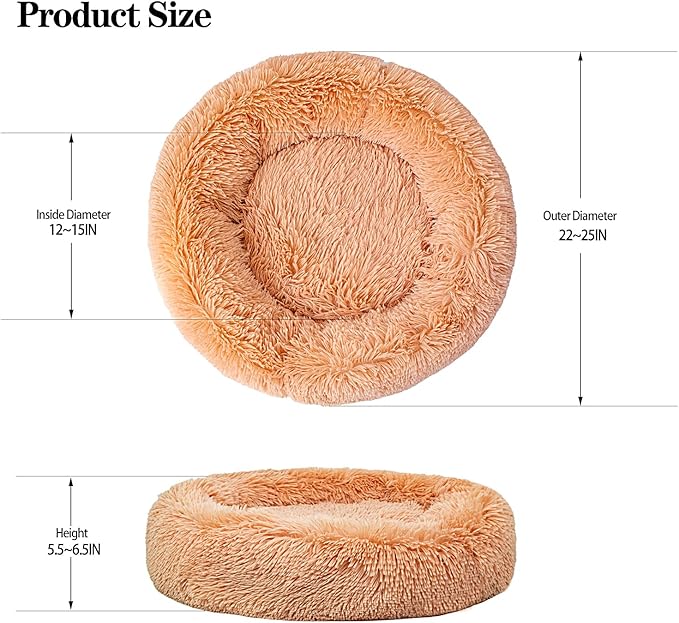 Calming Dog Bed for Small Dogs Cats, Kitty Puppy 23'' Round Anti-Anxiety Warm Fluffy Plush Faux Fur Bed, Soft Anti-Slip Donut Washable Small Pet Bed, Cozy Cat Puppy Bed, Fits up to 30 lbs Pets