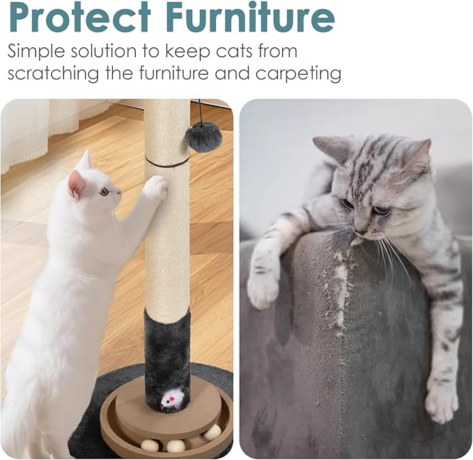 Cat Scratching Post, 35 Inch Tall Cat Scratcher Cat Tree Tower with Hanging Ball for Indoor Cats Adults,Eucalyptus Sisal Rope Kitten Scratch with Interactive Mouse Cat Toy