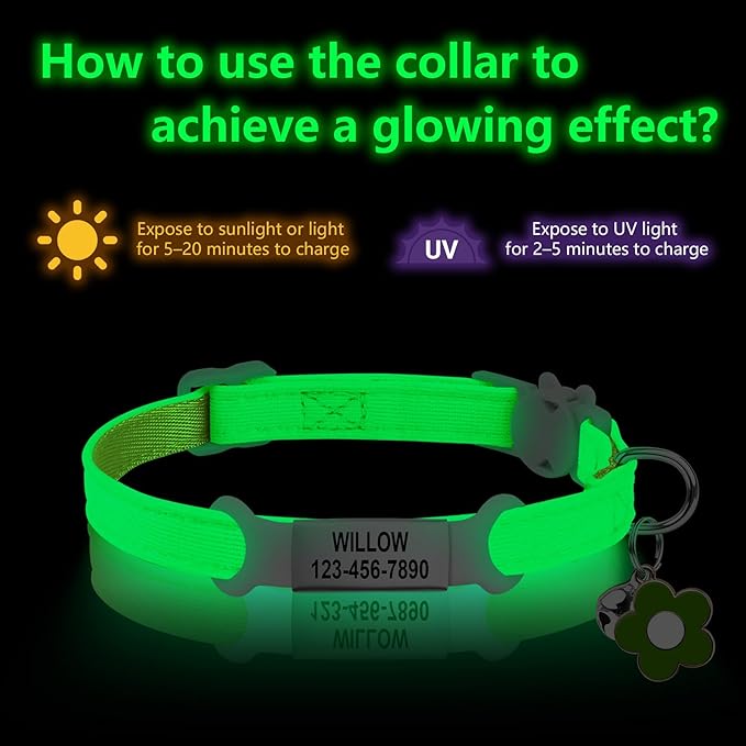 Personalised Glow in the Dark Cat Collar with Bell, Adjustable Breakaway Safety Luminous Collar with Stainless Steel Name Tag Fluorescent Glow (Grow in the Dark)