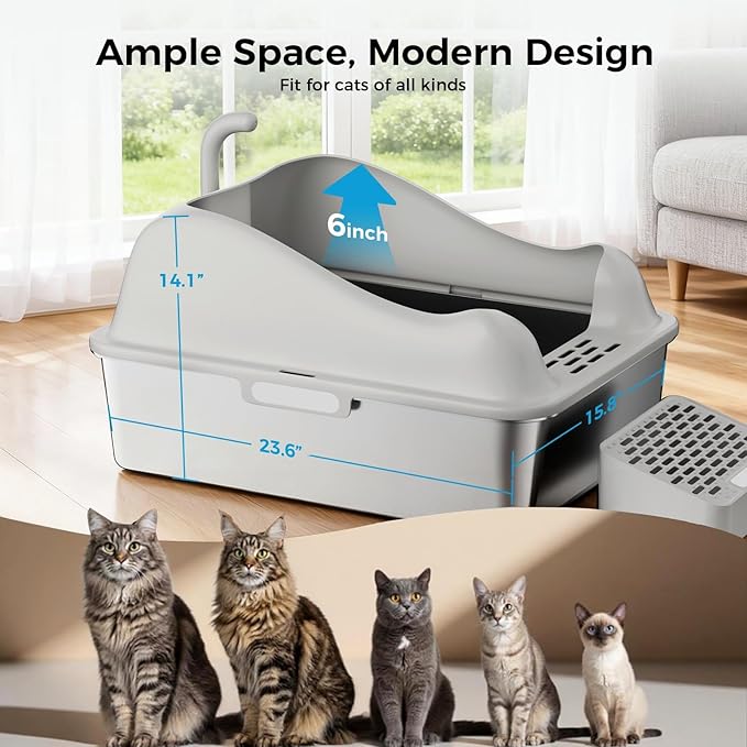 GTPLAYER Stainless Steel Cat Litter Box XL - Extra Large High-Sided Open-Top Metal Litter Box for Large & Multi-Cat Homes, Splash Guard, Low Entry, Easy Clean 304 Steel with Step, Mat & Scoop, Beige
