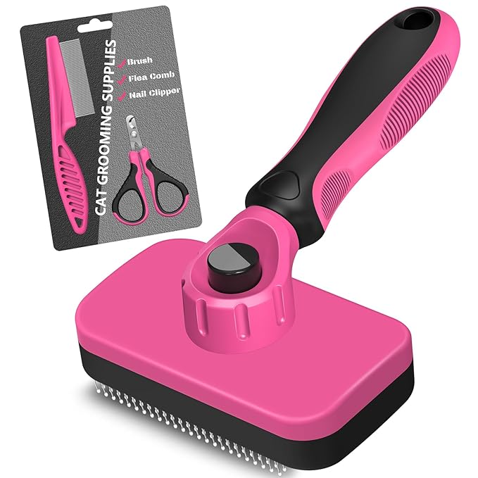 Comotech 3PCS Cat Grooming Supplies,Cat Brush & Nail Clipper/Trimmer & Flea Comb for Shedding Indoor Cats Dogs and Small Animals - Meet All Your Pet's Daily Grooming Needs - All in One Set (Pink)