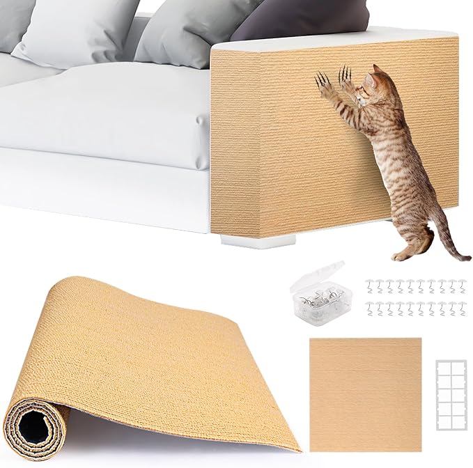 2pack Cat Scratch Couch Furniture and Wall Protector | Adhesive Cat Scratch Pad for Covering Cat Tower, DIY Climbing Cat Scratcher Couch Protector from Cat Claws Scratching (Khaki)
