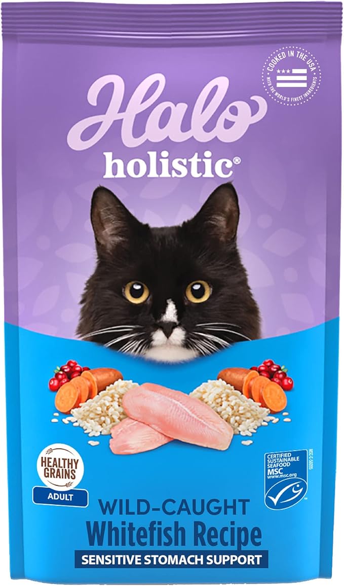 Halo Holistic Cat Food Wild Caught Whitefish Formula, Healthy Grains Dry Cat Food, For Sensitive Stomach Support, Kibble for Adult Cats, 3 lb Bag