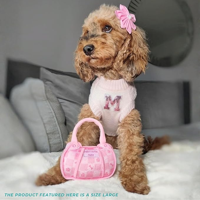 Haute Diggity Dog Pink Checker Chewy Vuiton Handbag, Plush Designer Dog Toys with Interactive Squeaker, Stimulating Pet Enrichment, Machine-Washable & Safe Materials for All Breeds, Size Small
