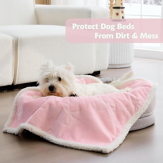Qeils 1 Pack 3 Dog Blankets for Small Dogs - 3 pcs Waterproof Dog Blanket Washable - Soft Sherpa Fleece Puppy Blanket for Kitten Doggy, Warm Cat Blankets for Indoor Cats, 16"X23", Pink Bows