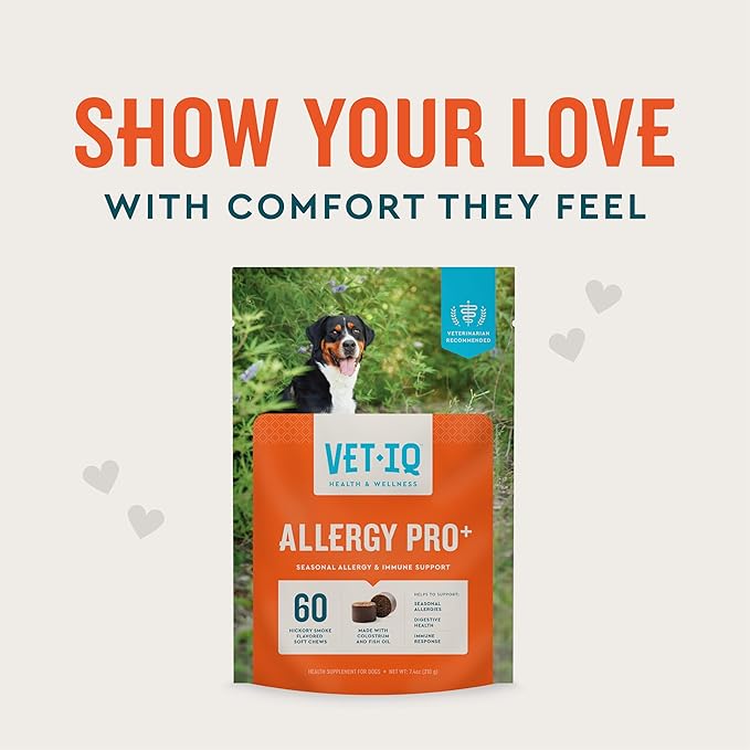VetIQ Allergy Pro+ Soft Chews for Dogs, Dog Allergy Chews, Seasonal Support, Colostrum, Astragalus Root, Sporevia, Hickory Smoke Flavor, 60 Count