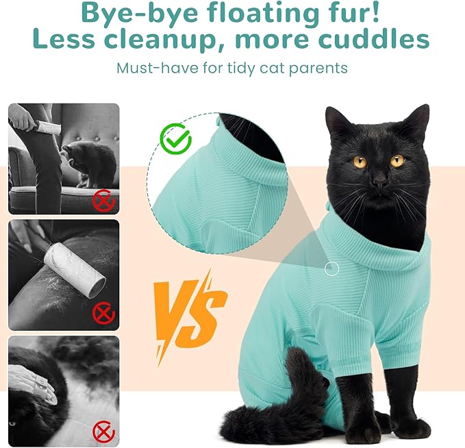 Sticky Hair Cat Clothes, Breathable & Lightweight, Reduces Shedding Fur Pajamas, Full Body Long Sleeve Surgical Bodysuit, Stop Licking & Shedding Blue XS