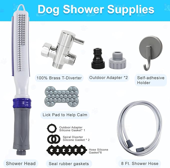 Dog Shower Attachment, Dog Bathing Supplies for Fast and Easy Bathing, Indoor and Outdoor Sprayer Includes Lick Mat and 8-Foot Flex Hose