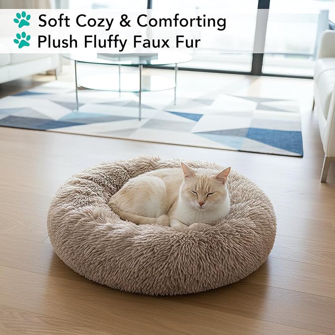 PetAmi Calming Dog Bed for Small & Medium Dogs and Cats, 23 Round Donut Dog Bed, Washable Fluffy Faux Fur Puppy & Cat Bed, Anti-Anxiety Plush Cuddler Pet Bed with Anti-Slip Bottom - Taupe
