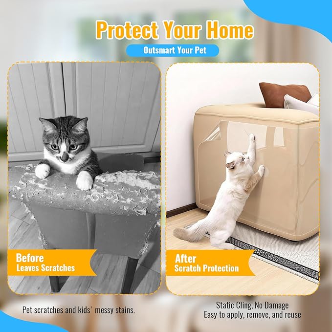 Anti Cat Scratch Furniture Protector, 315" x 15.7" Single Side Sticky Cat Couch Protector for Cloth Fabric Sofas, Large Roll Transparent & Cuttable Cats Scratch Deterrent Tape