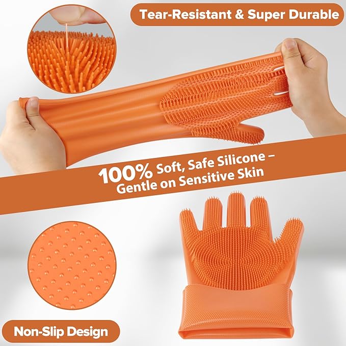 6PCS Pet Grooming Kit for Dogs,Cats and Horses | Dog Washing/Bath Gloves | Dog Bath Brush | Shampoo Brush | Pet Grooming Gloves | Dog Bath Supplies (Orange)