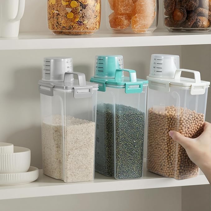 TBMax Small Dog Cat Food Storage Containers 2 Pack, Travel-Friendly Pet Food Container with Spout & Measuring Cup, Kid-Friendly Pet Feeding Dispenser, Portable Dog Treat Bird Seed Container -Beige