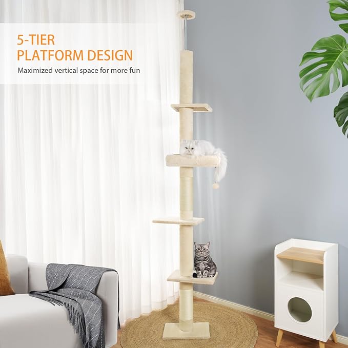 Floor to Ceiling Cat Tree,5 Tiers Tall Cat Tower with Adjustable Height(98-110),Cat Tree Floor to Ceiling with Cozy Hammock,Sisal Scratching Posts,Platforms,and Hanging Balls for Large Cats
