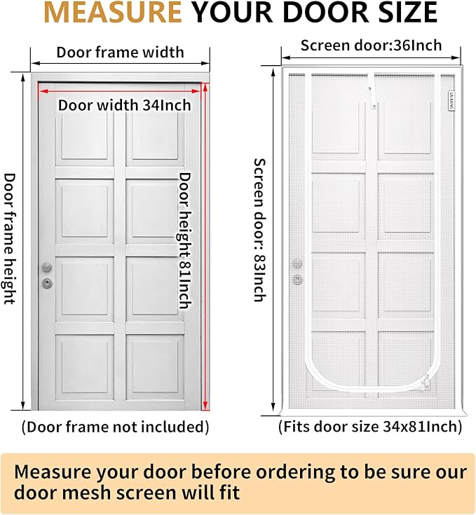 Cat Screen Door 36x83'' Reinforced Cats Resistant Mesh Screen Door with Zipper Closure, Pets Scratch Proof Screen for Living Room, Bedroom, Patio, Fits Openings 34x81''