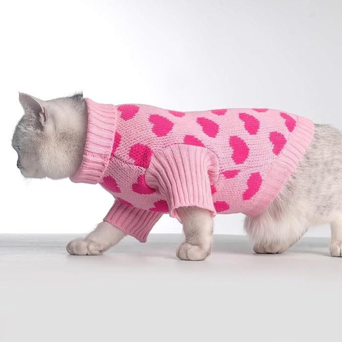 KOOLTAIL Cat Sweater - Valentine's Day Outfit with Hear Love Pattern Cold Weather Soft Warm Knit Turtleneck Clothes for Cats Kitten Small Dogs Puppy Pink M