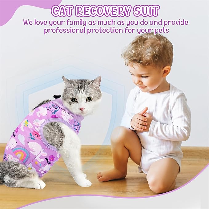 SlowTon Cat Recovery Suit - Cat Onesie for Cats After Surgery Female Male, Kitten Clothes Cats Surgical Spay Suit Abdominal Wounds, E-Collar Alternative Bodysuit Shirt Anti-Licking (Purple, S)