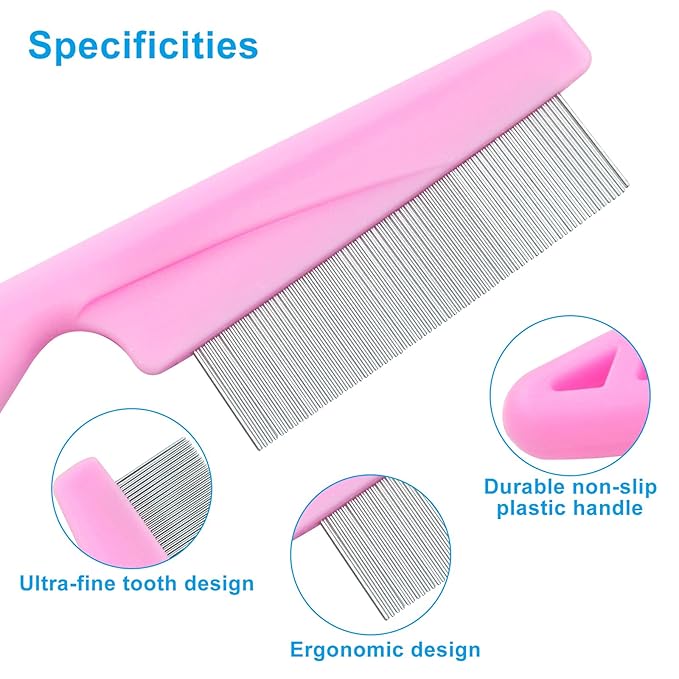 Flea Comb for Dogs and Cats, Metal Pet Lice Comb Fine Tooth Grooming Tool for Remove Anti Fleas and Flea Eggs(3pcs Pink)
