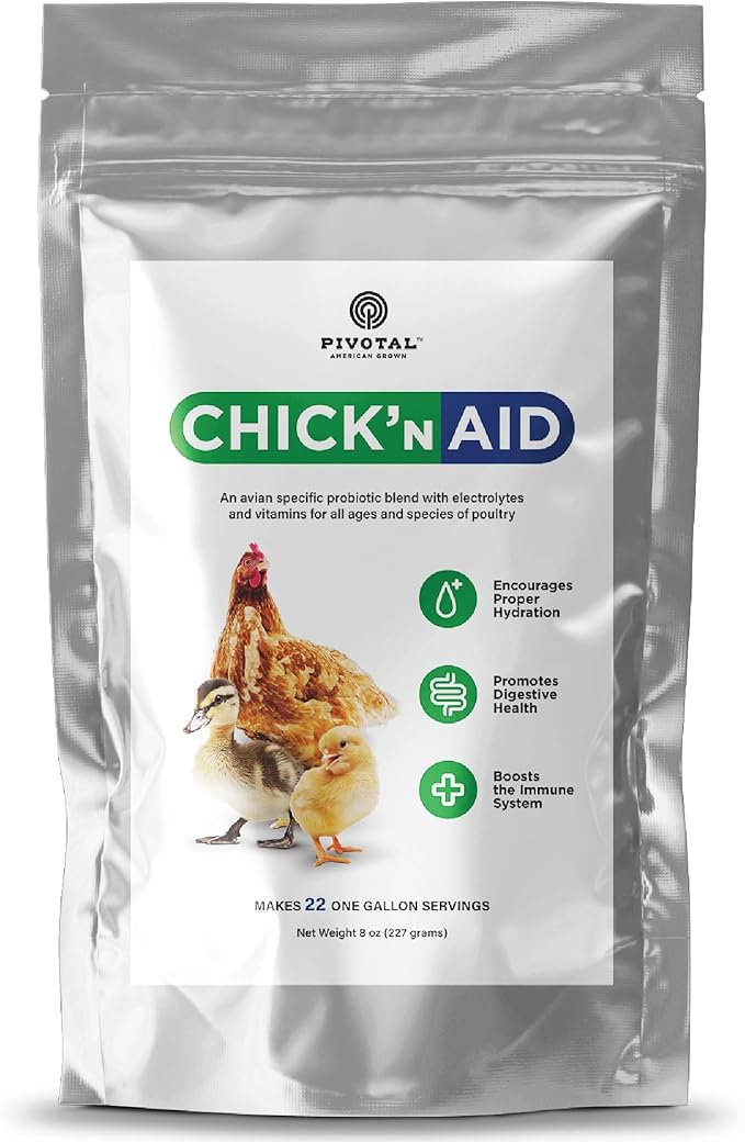 Pivotal Feeds Chick’n Aid Poultry Supplement 8 oz – Electrolytes, Probiotics & Vitamins for Chickens, Ducks & Turkeys | Supports Hydration, Gut Health & Immune Function | Made in USA