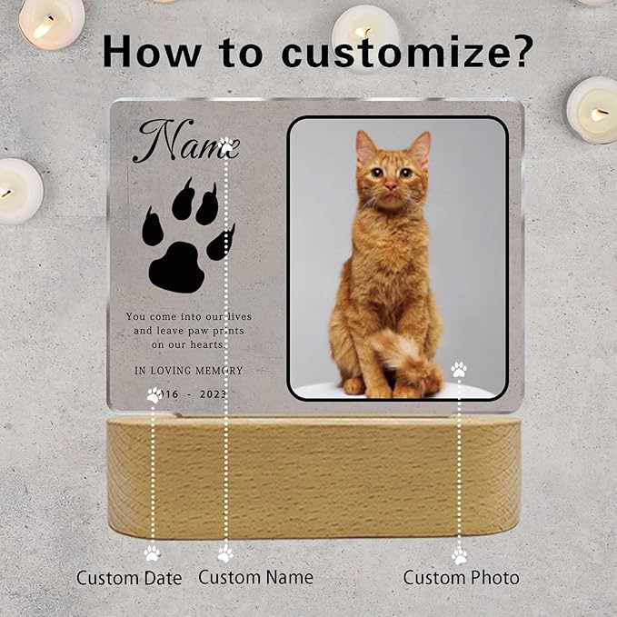 Personalized Pet Night Light Customized Dog Memorial Gift Picture Frame Acrylic Plaque Led Lamp Cat Sympathy Gift for Loss of Pet(Cat Paw)