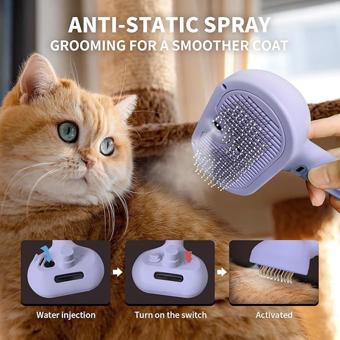 Pecait 3-in-1 Self-Cleaning Brush for Shedding Dogs and Cats - Removes Static, Tangles, and Loose Hair (Purple)