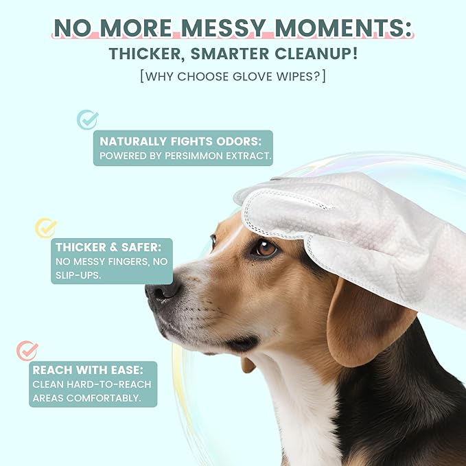 100 Pcs Pet Glove Wipes, Cleaning & Deodorizing for Dogs & Cats, Hypoallergenic Dog Bath Wipes with Natural Persimmon Tannin, Unscented Wipes for Ears, Fur, Paws