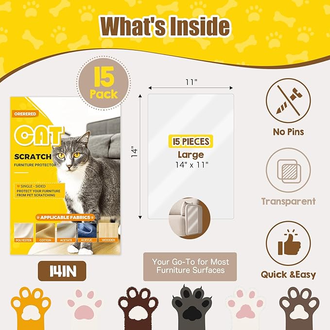 Furniture Protectors from Cats Scratching, 15-Pack Complete Sofa Set - Clear Self-Adhesive Sofa & Chair Protectors from Cat Claws Single-Sided Easy-to-Apply, 14in
