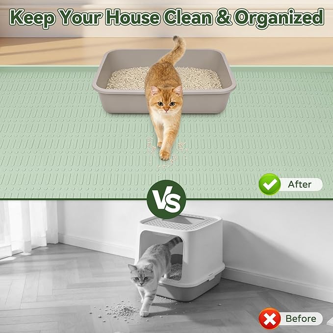 Kalolary Large Cat Litter Box Mat, 47" x 35" Silicone Litter Trapping Mat for Cats, Trapping Mat for Scatter Control with Raised Edge Waterproof Silicone Pad for Floor Easy to Clean (Light Green)