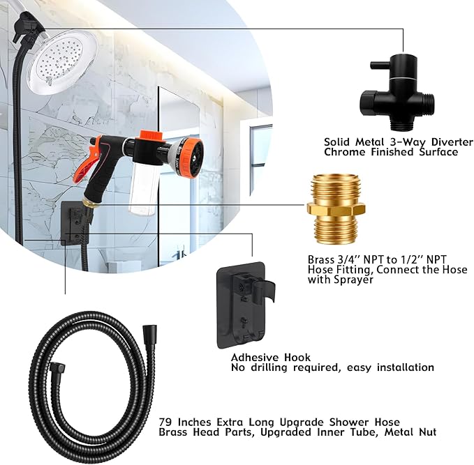 Dog Washing Hose Attachment for Pet Bathing with Black 3 Way Shower Diverter, Dog Wash Hose Nozzle Shampoo Sprayer for Pet Grooming Shower, Dog Shower Attachment for Bathroom