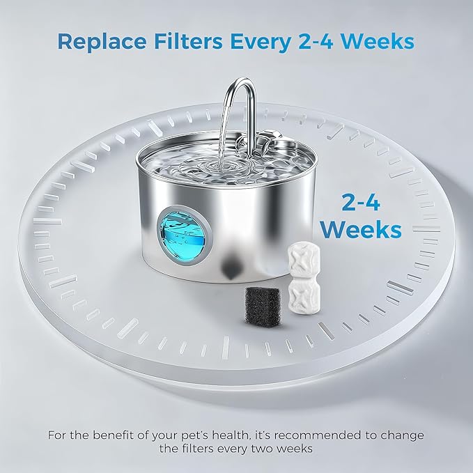 Cat Water Fountain Filter Replacement,24 Pack Pet Fountain Filters - 12 Filters & 12 Sponges 74oz/2.2L Stainless Steel Pet Fountain Cat Water Dispenser