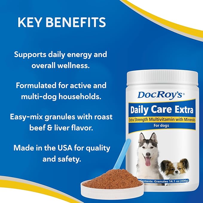 Doc Roy's Daily Care Extra Canine, Advanced Multivitamin Supplement for Dogs, Supports Energy, Immune, Muscle, Bone & Brain Health, Provides Vitamins A C D3 E B Complex, Iron Zinc, 400g Granules