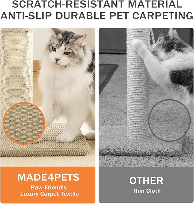 Made4Pets Tall Cat Scratching Post, 33" Natural Sisal Cat Scratcher with Hanging Balls, Heavy Duty and Thicker Scratching Post for Indoor Cats Adults, Sturdy Base Cat Scratch Post, Beige